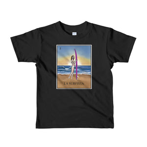 La Surfista kid's black t-shirt loteria surfer girl by pilar grother