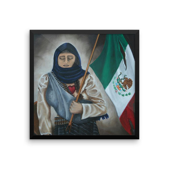 La Soldadera after fighting in the Mexican Revoltion with a torn Mexican flag holding a baby and a rifle in hand. This design is available in t-sirts, mugs, hoodies, totes, prints, socks, and cell phone cases.