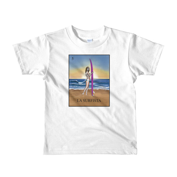 La Surfista kid's white t-shirt loteria surfer girl by pilar grother
