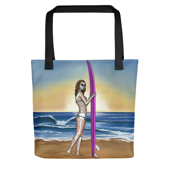 La Surfista all-over tote bag surfer girl by pilar grother