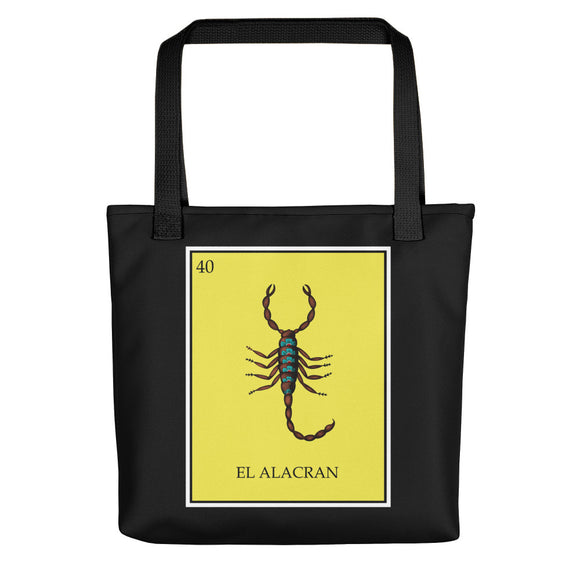 El Alacran (Scorpion) Loteria black tote bag by Pilar Grother