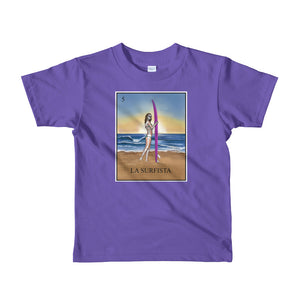La Surfista kid's purple t-shirt loteria surfer girl by pilar grother